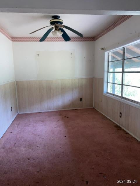 spare room with wood walls, a wainscoted wall, a ceiling fan, and carpet floors