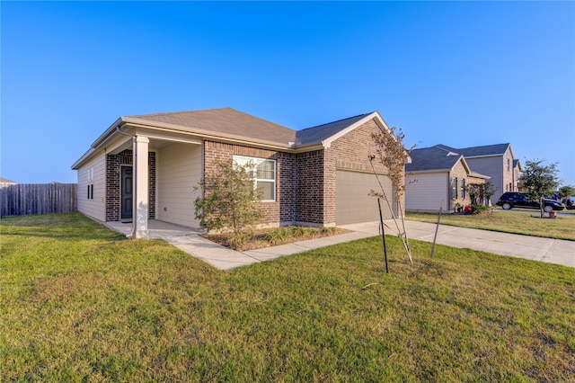 single story home featuring a front lawn and a garage