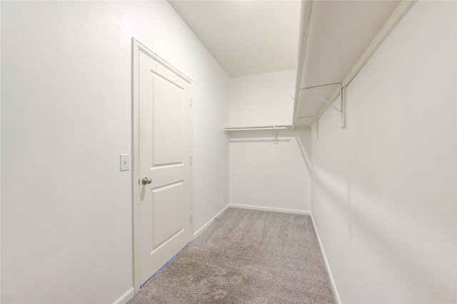 walk in closet featuring light carpet