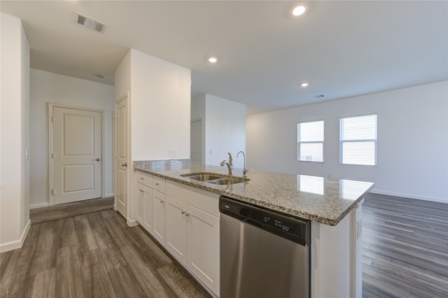 kitchen with white cabinets, sink, dishwasher, dark hardwood / wood-style floors, and light stone countertops