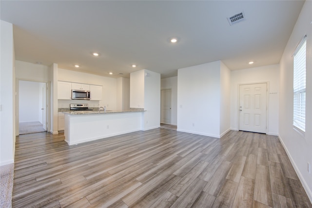 unfurnished living room featuring sink, light hardwood / wood-style floors, and a healthy amount of sunlight