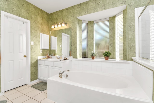 bathroom featuring vanity, plus walk in shower, and tile patterned flooring