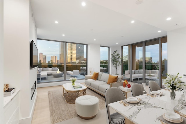 living room with floor to ceiling windows and light hardwood / wood-style floors