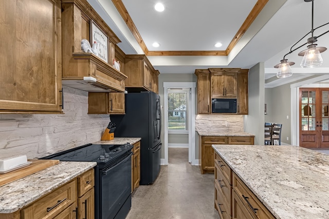 kitchen featuring black appliances, crown molding, hanging light fixtures, tasteful backsplash, and light stone counters