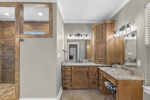 bathroom with a shower, crown molding, and vanity