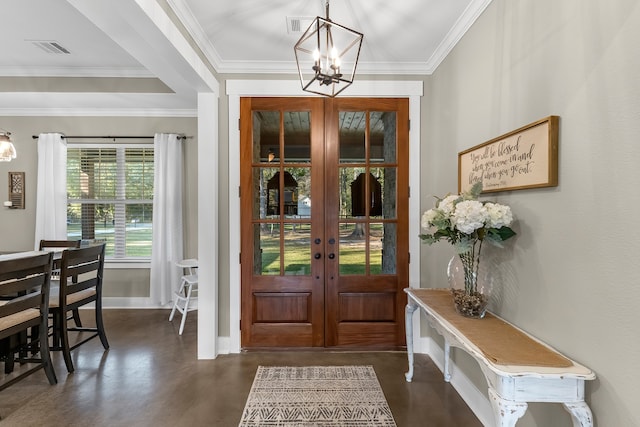 entrance foyer featuring crown molding, french doors, dark hardwood / wood-style floors, and a notable chandelier