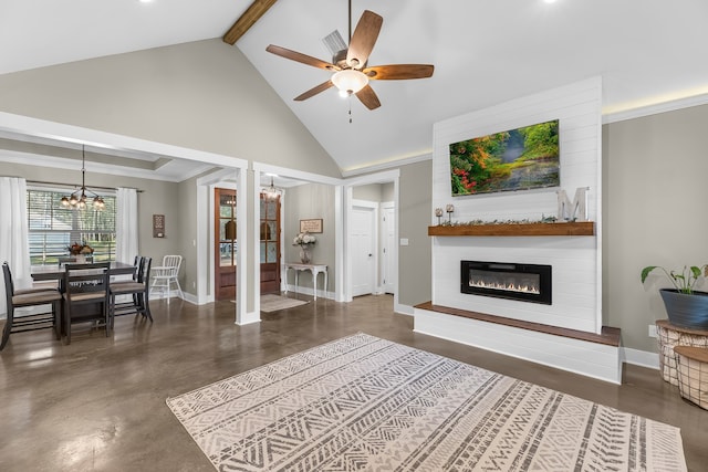 living room featuring beamed ceiling, high vaulted ceiling, a fireplace, ceiling fan with notable chandelier, and ornamental molding