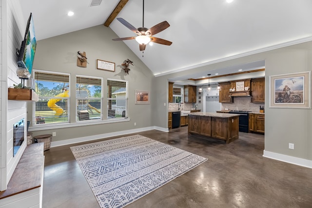 kitchen with a center island, backsplash, vaulted ceiling with beams, black dishwasher, and a large fireplace