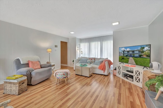 living room featuring ornamental molding, light hardwood / wood-style flooring, and a textured ceiling