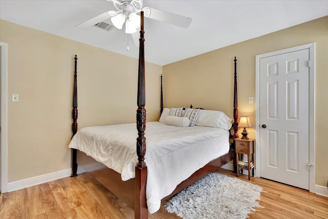 bedroom featuring ceiling fan and light hardwood / wood-style floors