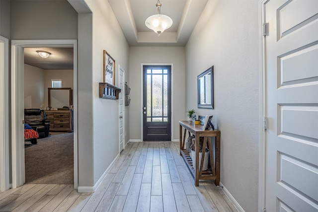 entryway featuring light hardwood / wood-style flooring and a tray ceiling