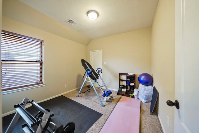 workout area featuring carpet and vaulted ceiling