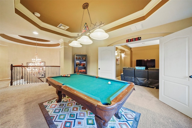 playroom with carpet, ornamental molding, pool table, and a tray ceiling