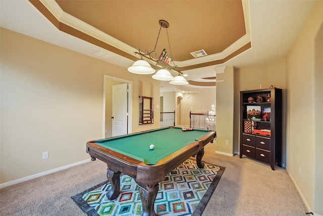 game room featuring light carpet, a raised ceiling, crown molding, and billiards