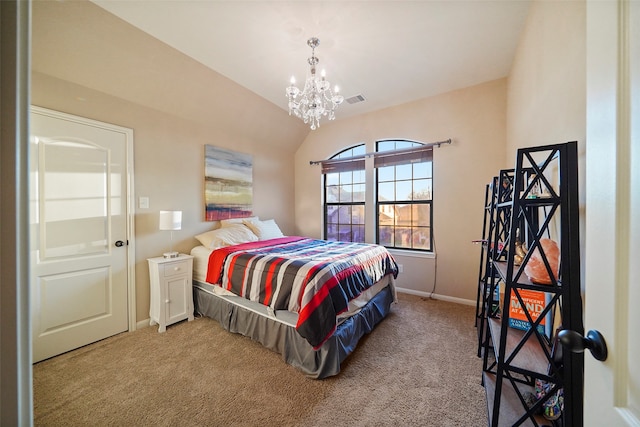 bedroom featuring carpet floors, a chandelier, and vaulted ceiling