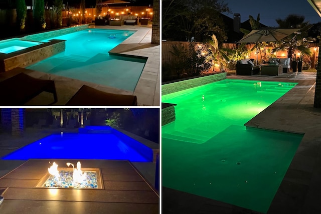 pool at night with an in ground hot tub, a patio, and an outdoor living space with a fire pit