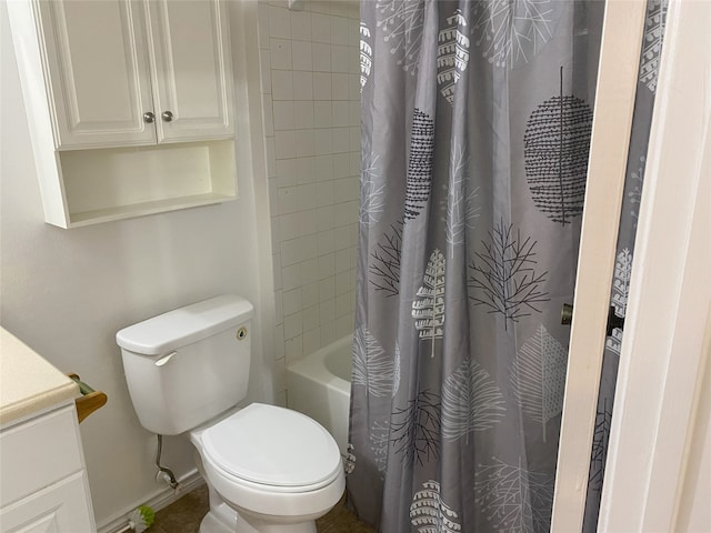 full bathroom featuring vanity, toilet, and shower / bathtub combination with curtain