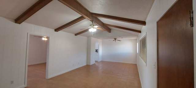 spare room with vaulted ceiling with beams