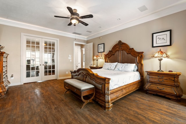 bedroom with ceiling fan, ornamental molding, dark hardwood / wood-style floors, and french doors