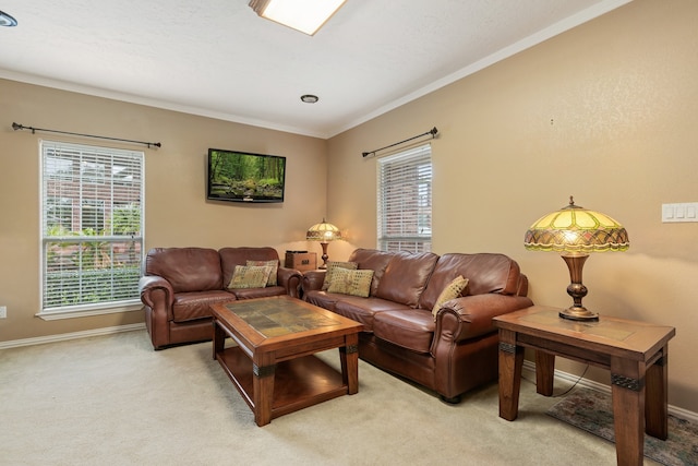 carpeted living room featuring crown molding