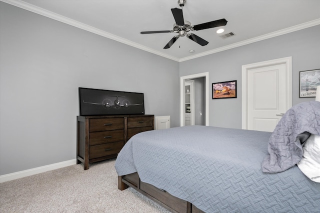 bedroom featuring ceiling fan, light colored carpet, and crown molding