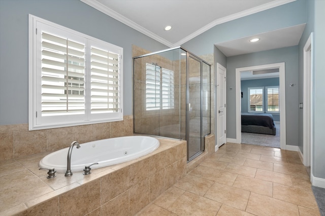 bathroom featuring independent shower and bath, ornamental molding, and tile patterned floors