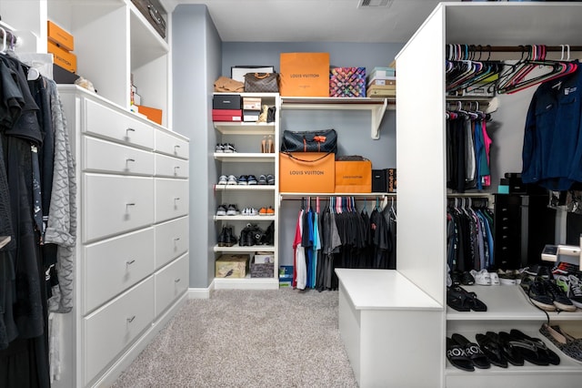 spacious closet featuring light colored carpet