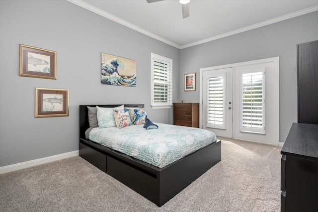 carpeted bedroom with french doors, access to outside, crown molding, and ceiling fan