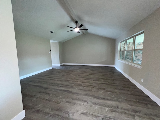 unfurnished living room featuring ceiling fan, vaulted ceiling with beams, and dark hardwood / wood-style floors