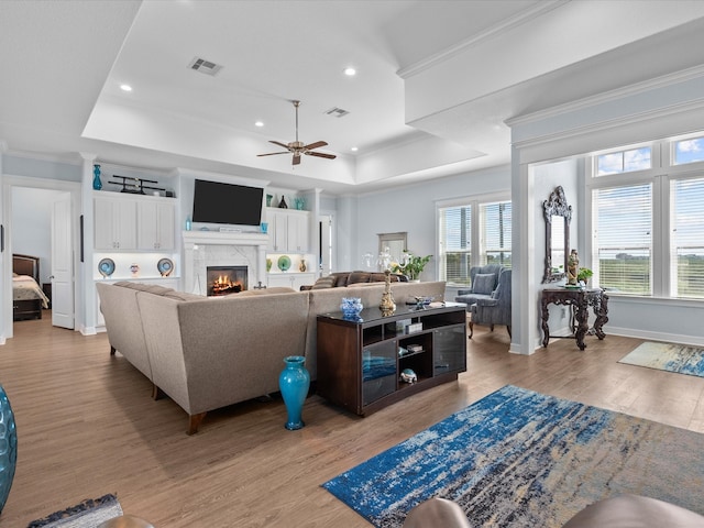 living room with a tray ceiling, light hardwood / wood-style flooring, a wealth of natural light, and ceiling fan