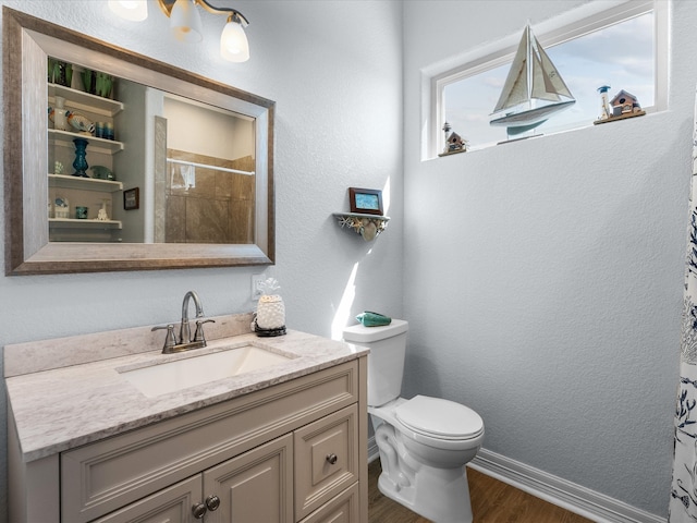 bathroom featuring wood-type flooring, a shower with shower curtain, vanity, and toilet