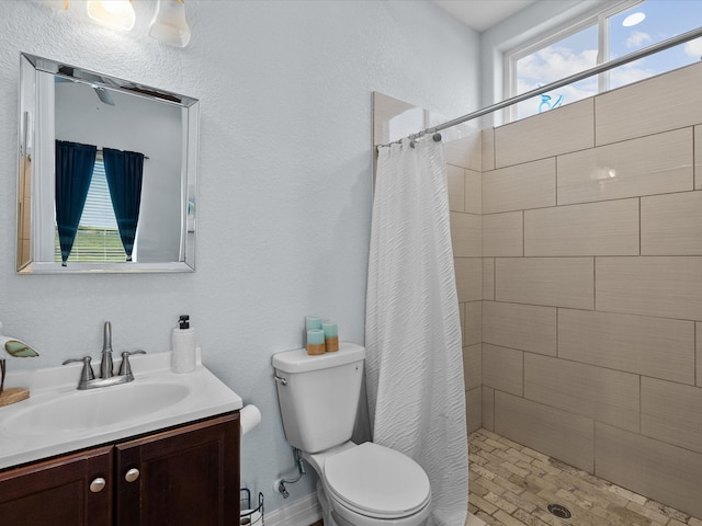 bathroom with vanity, toilet, and a shower with shower curtain