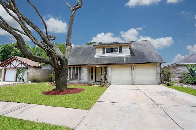 view of front of house with a porch, a front lawn, and a garage