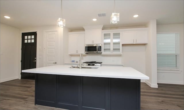 kitchen with an island with sink, dark hardwood / wood-style floors, and sink