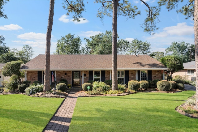 ranch-style house with a porch and a front yard