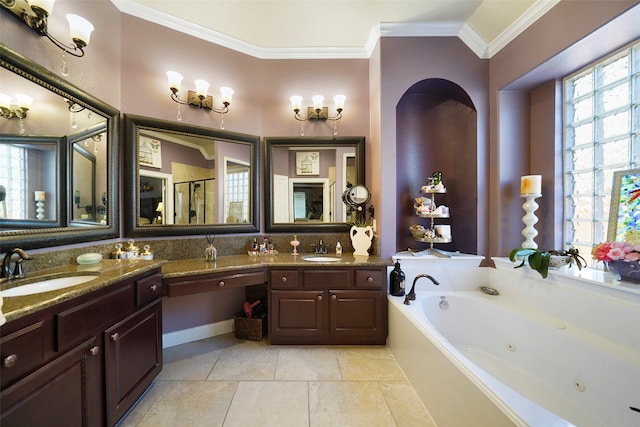 bathroom featuring vanity, ornamental molding, shower with separate bathtub, and tile patterned flooring