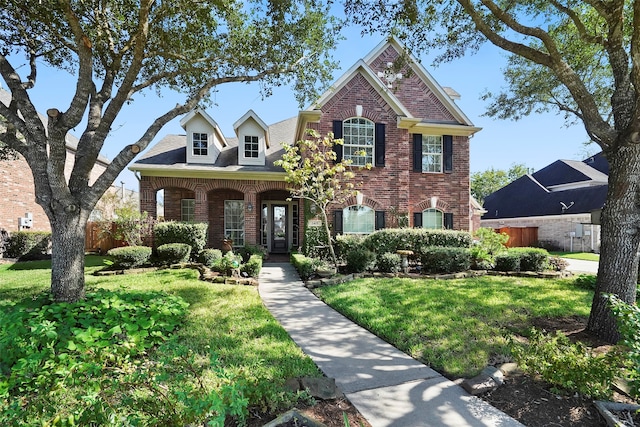 view of front of house with a porch and a front lawn