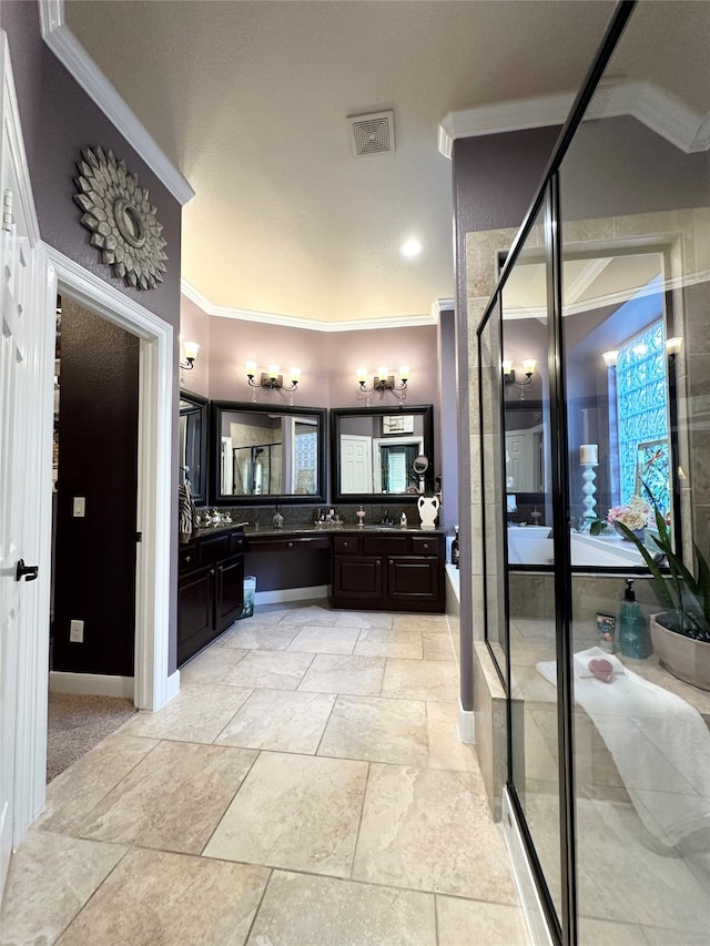 bathroom featuring vanity, ornamental molding, and shower with separate bathtub