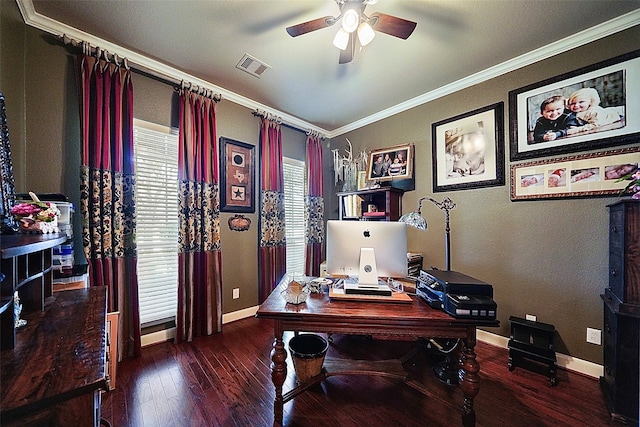 office space featuring ceiling fan, wood-type flooring, and ornamental molding