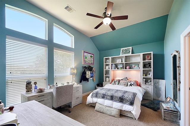 bedroom with light carpet, vaulted ceiling, and ceiling fan