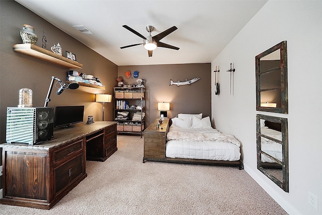 bedroom with light colored carpet and ceiling fan