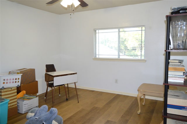 home office featuring ceiling fan and wood-type flooring