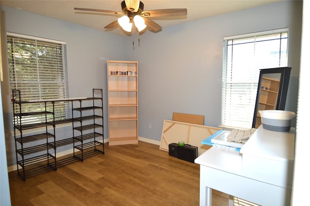 office with hardwood / wood-style flooring, ceiling fan, and a wealth of natural light