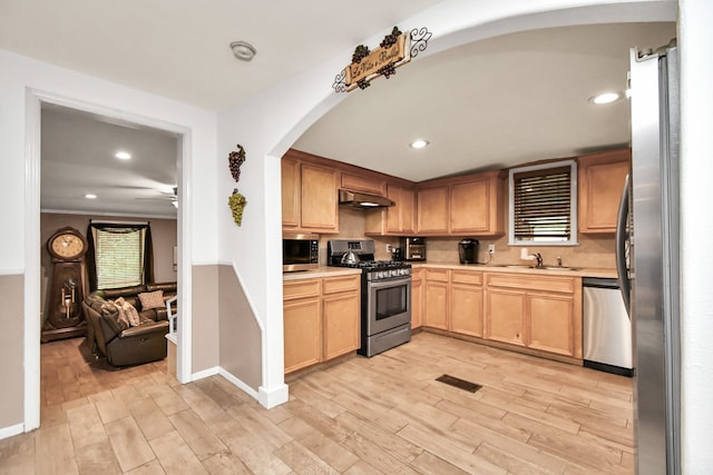 kitchen with exhaust hood, ceiling fan, appliances with stainless steel finishes, light hardwood / wood-style floors, and sink