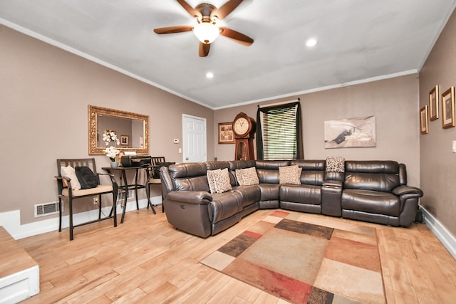 living room featuring light hardwood / wood-style flooring, ornamental molding, lofted ceiling, and ceiling fan