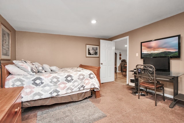 bedroom with light colored carpet