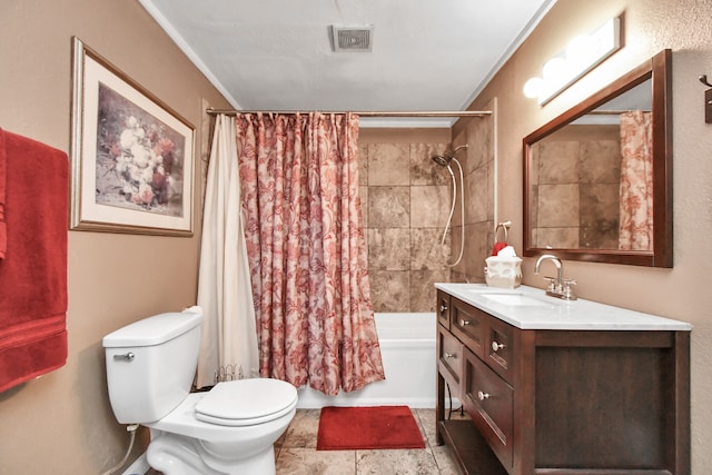 full bathroom with vanity, toilet, crown molding, and shower / tub combo