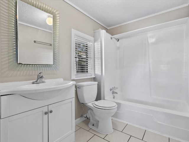 full bathroom with vanity, toilet, a textured ceiling, shower / washtub combination, and tile patterned flooring