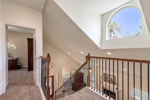 stairway with high vaulted ceiling, a healthy amount of sunlight, and carpet flooring