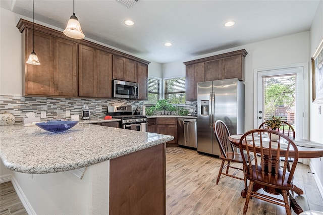 kitchen featuring pendant lighting, stainless steel appliances, light hardwood / wood-style flooring, and a healthy amount of sunlight